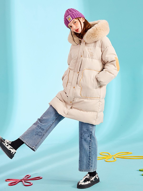 奢步士2020秋冬季米色带毛领羽绒服