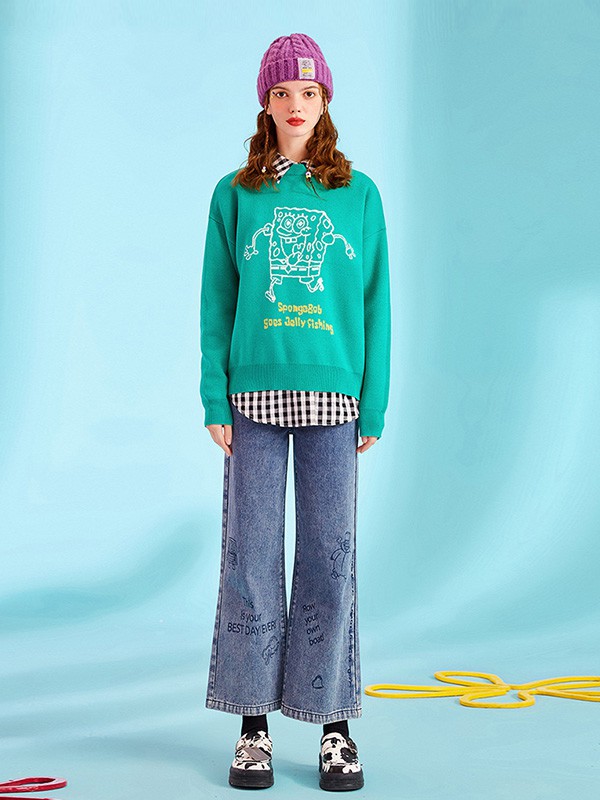 奢步士2020秋冬季绿色图案毛衣