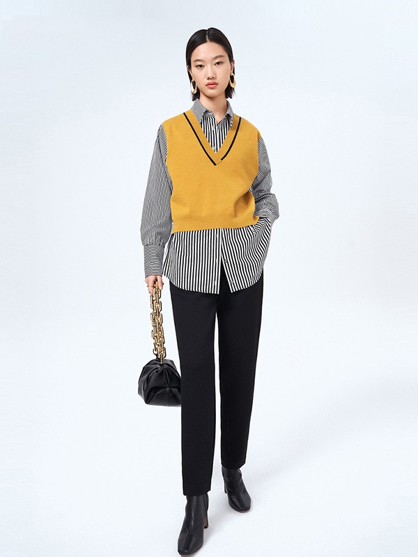 恩裳2020秋冬季黑色条纹衬衫