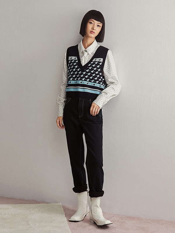 恩裳2020秋冬季黑色撞色背心