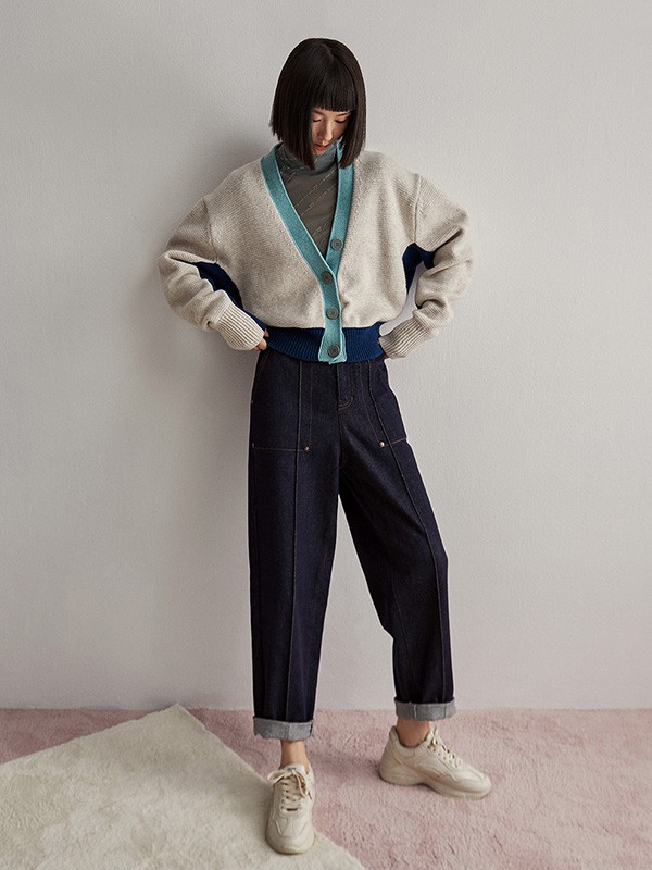 恩裳2020秋冬季灰色撞色外套