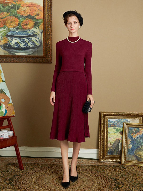 沐兰2020秋冬季酒红色修身连衣裙