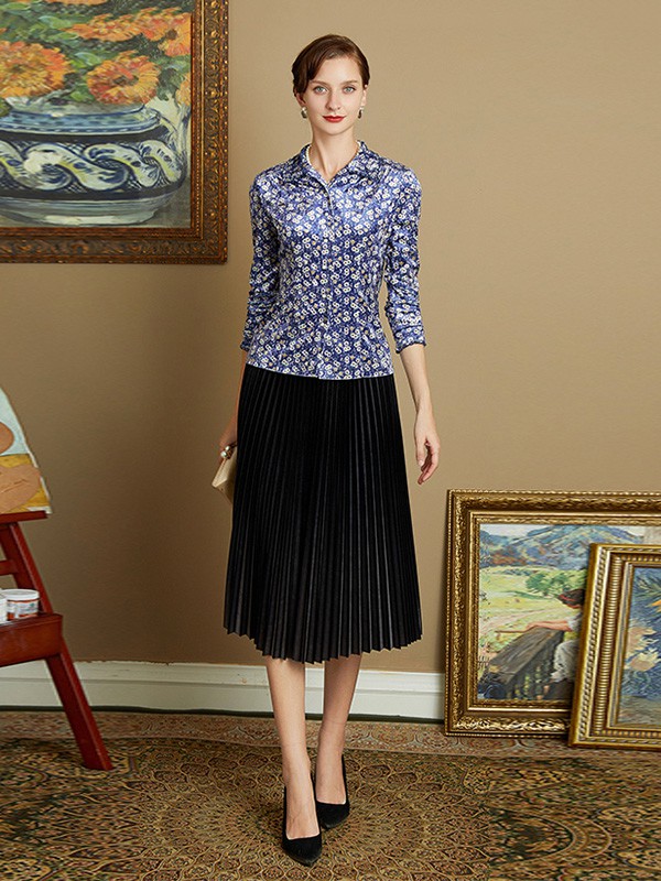 沐兰2020秋冬季蓝色碎花上衣