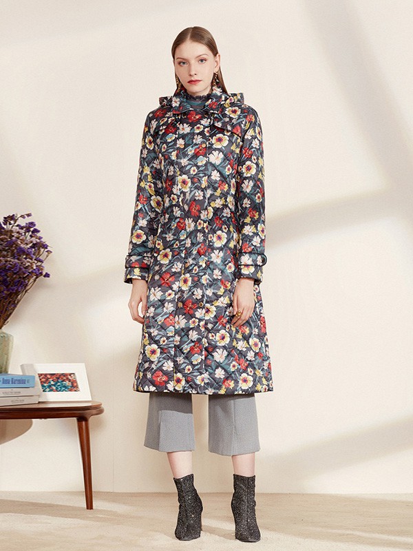 沐兰2020秋冬季墨绿色印花棉服