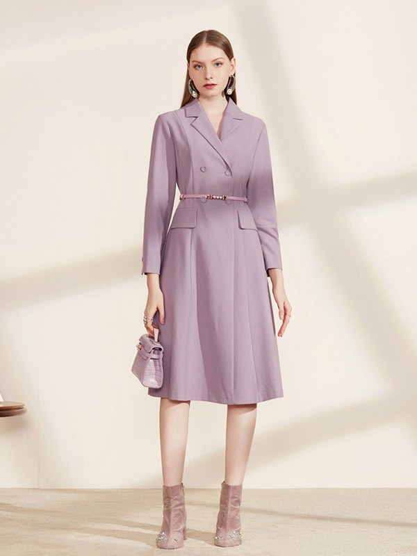 沐兰2020秋冬季紫色收腰连衣裙