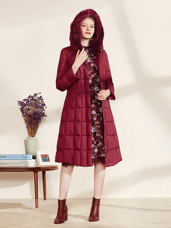 沐兰2020秋冬季红色带毛领棉服