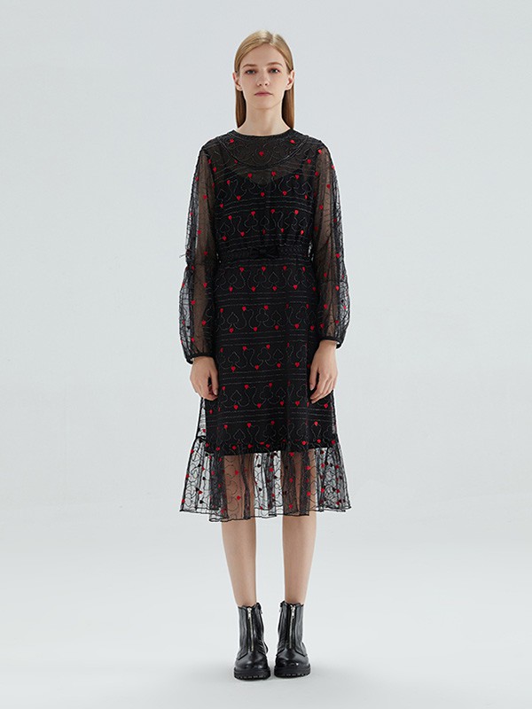 橘滋女装2020秋冬季黑色纱网连衣裙
