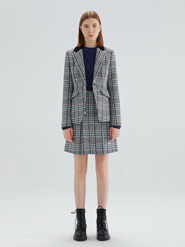 橘滋女装2020秋冬季灰色格子外套