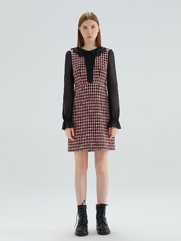 橘滋女装2020秋冬季红色格子连衣裙