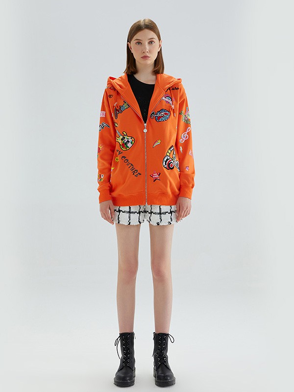 橘滋女装2020秋冬季橙色印花外套