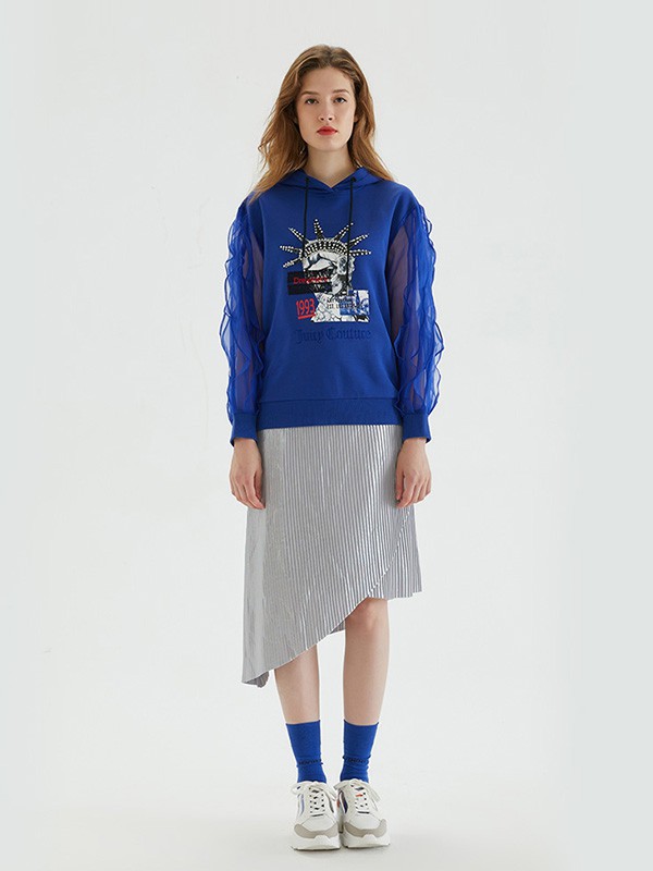 橘滋女装2020秋冬季蓝色印花卫衣