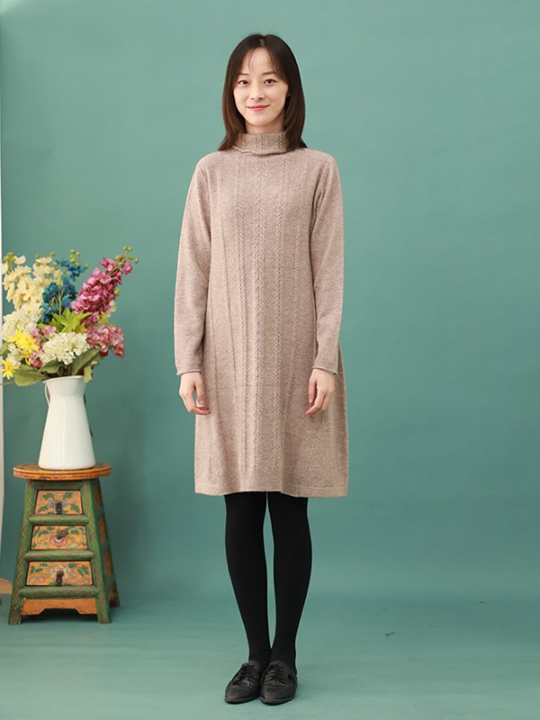 棉叙女装2020秋冬季卡其色高领针织裙