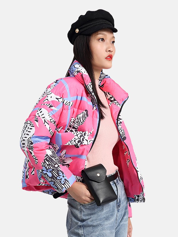 卡汶2020秋冬季粉色印花棉服