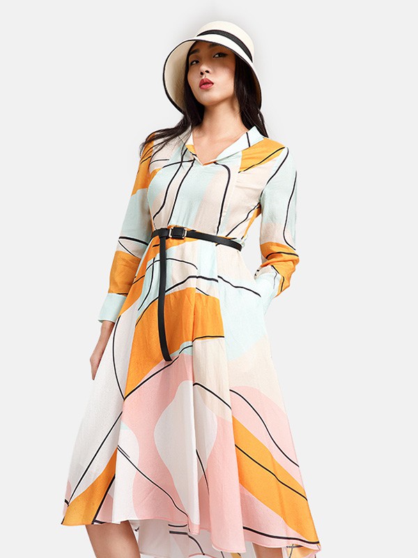 卡汶2020秋冬季拼色收腰连衣裙