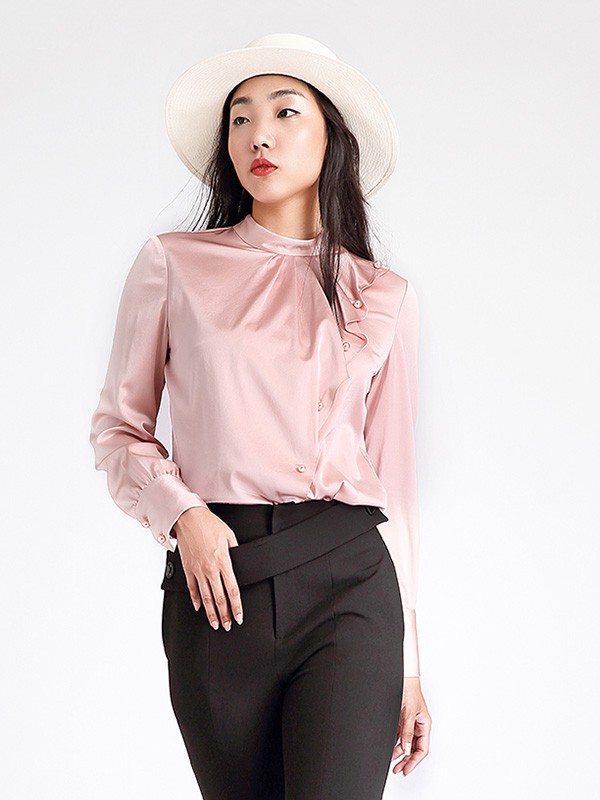 卡汶2020秋冬季粉色褶皱衬衫