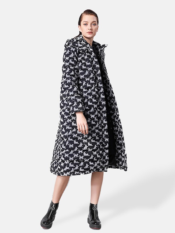 卡汶2020秋冬季黑色印花棉服