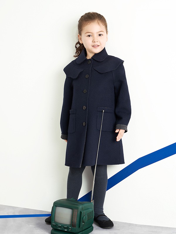 鄂尔多斯童装2020秋冬季藏蓝色荷叶边大衣