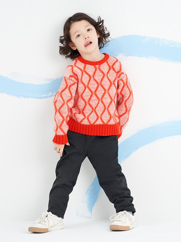 鄂尔多斯童装2020秋冬季红色几何毛衣