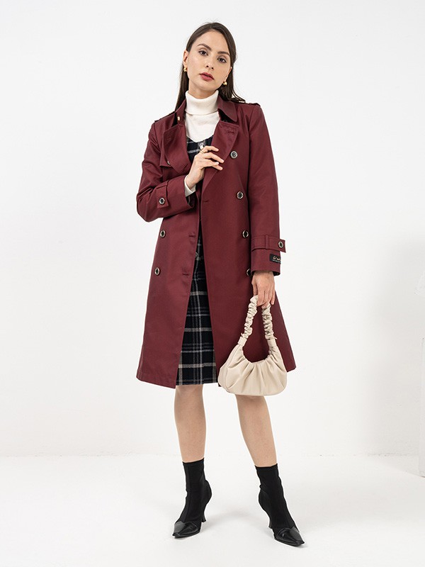 SCOFIELD2020秋冬季酒红色长款风衣