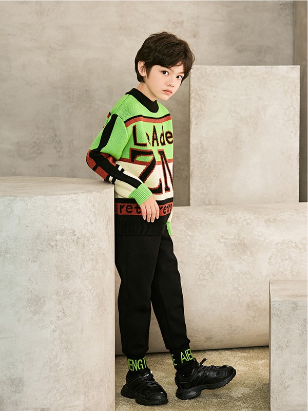 植木2020秋冬季绿色撞色毛衣