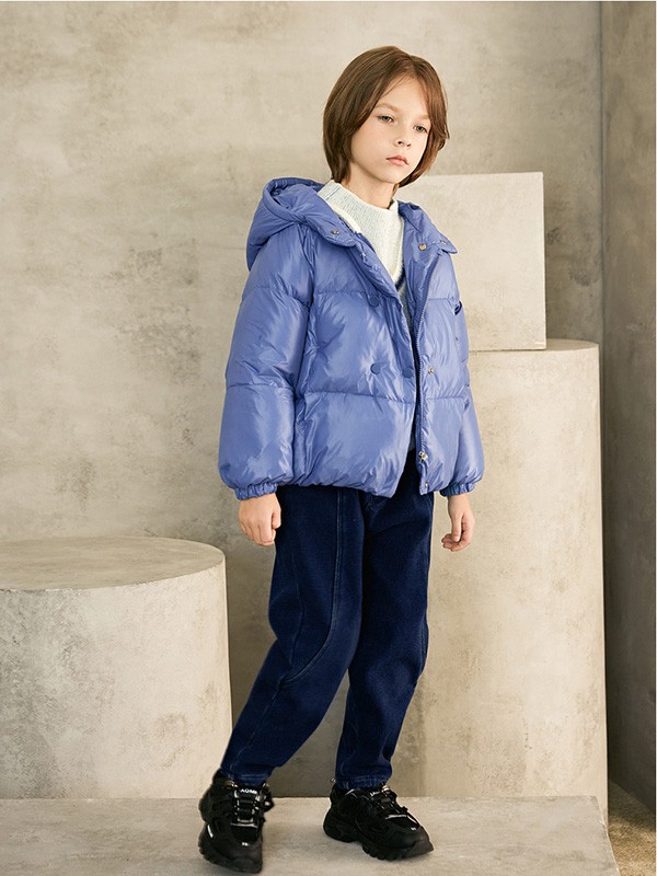 植木2020秋冬季蓝色连帽羽绒服