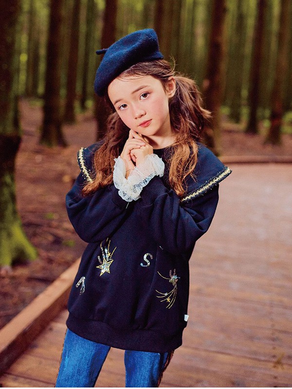 宝儿宝2020秋冬季藏蓝色荷叶边上衣