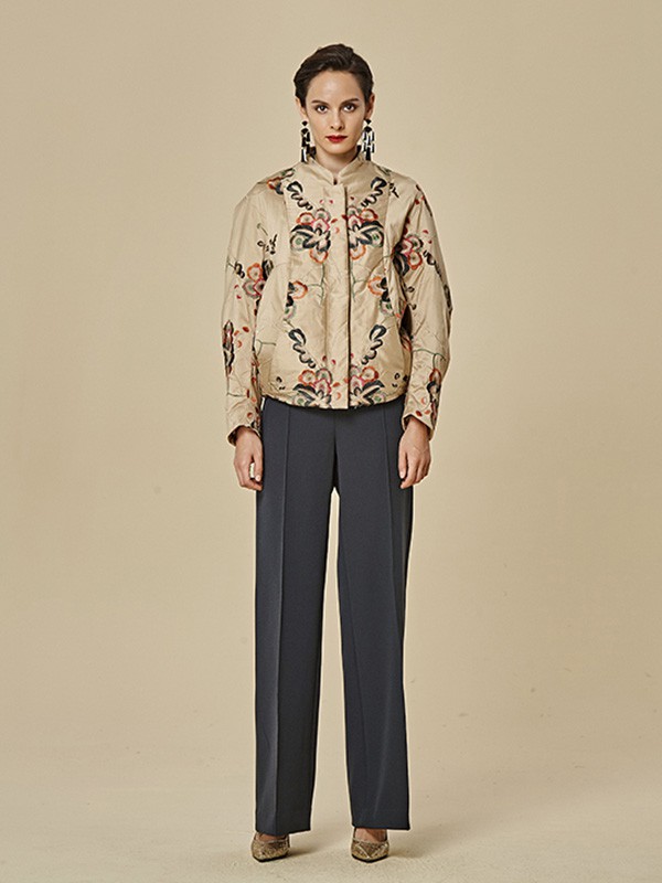 思凡女装2020秋冬季卡其色印花棉服