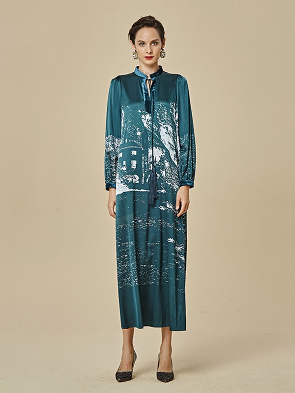 思凡女装2020秋冬季墨绿色印花连衣裙