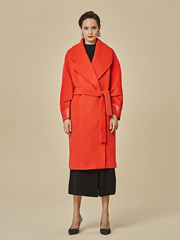 思凡女装2020秋冬季橙色长款大衣