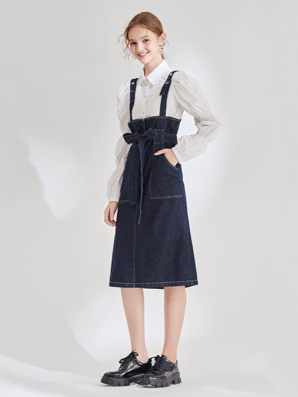 KATYKALEN2020秋冬季蓝色做旧背带裙