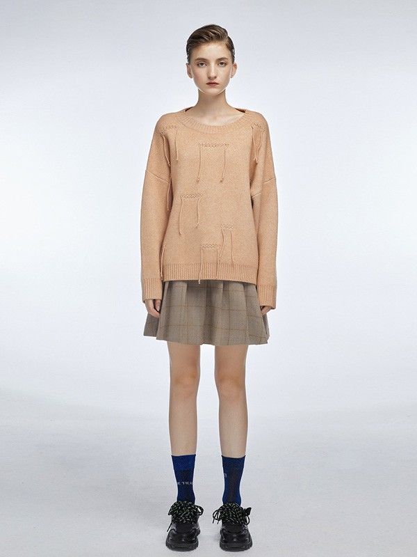 尤缇2020秋冬季卡其色宽松毛衣