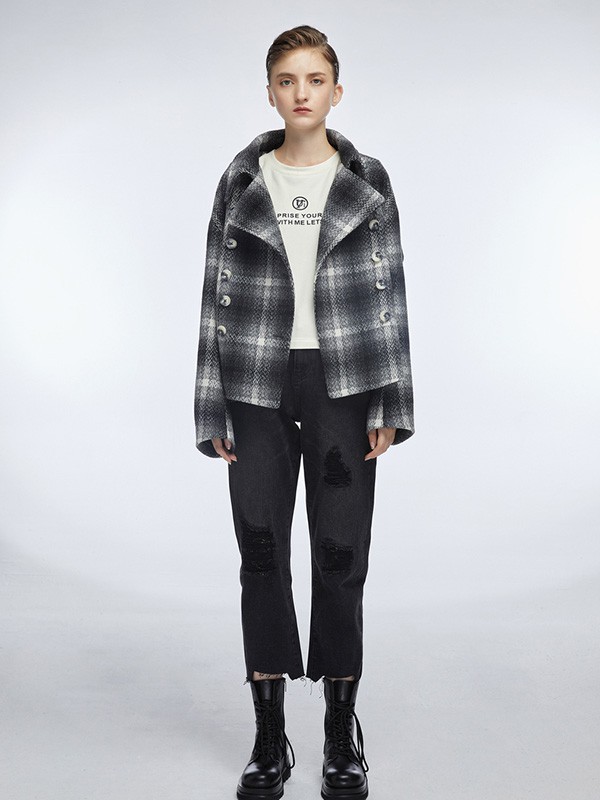 尤缇2020秋冬季黑色格子大衣