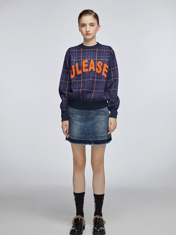 尤缇2020秋冬季紫色字母毛衣