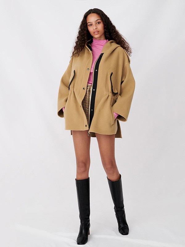 Maje女装2020秋冬季卡其色连帽外套