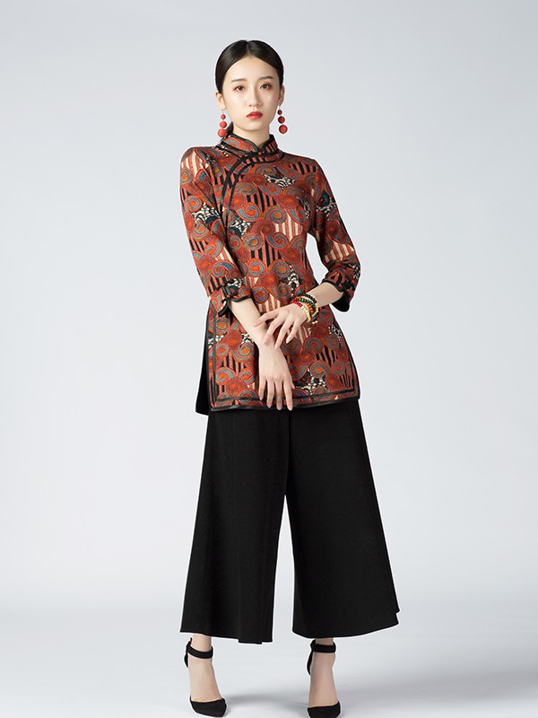 素罗依2020秋冬季橙色印花上衣