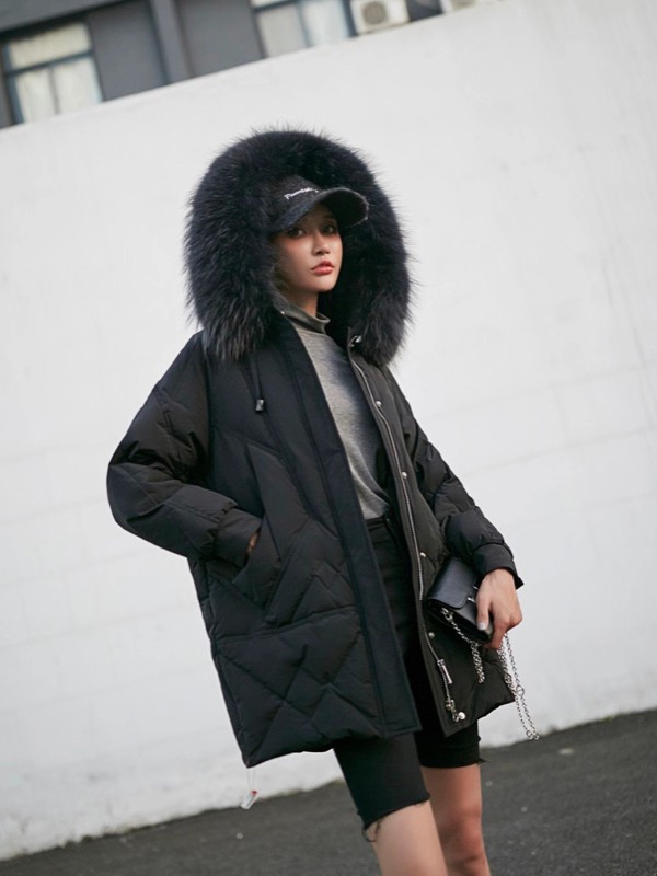 点占2020秋冬季黑色带毛领棉服