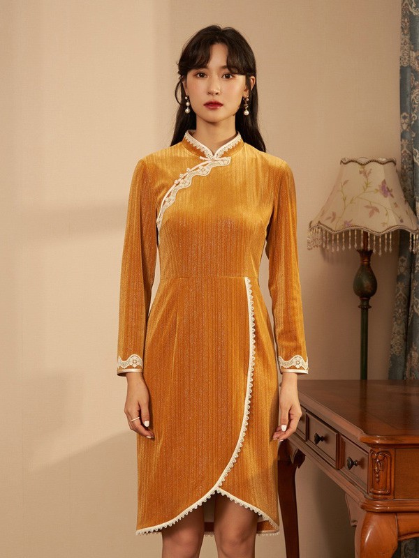 固执女装2020秋冬季黄色收腰连衣裙