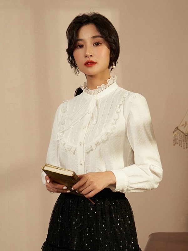 固执女装2020秋冬季白色蕾丝衬衫