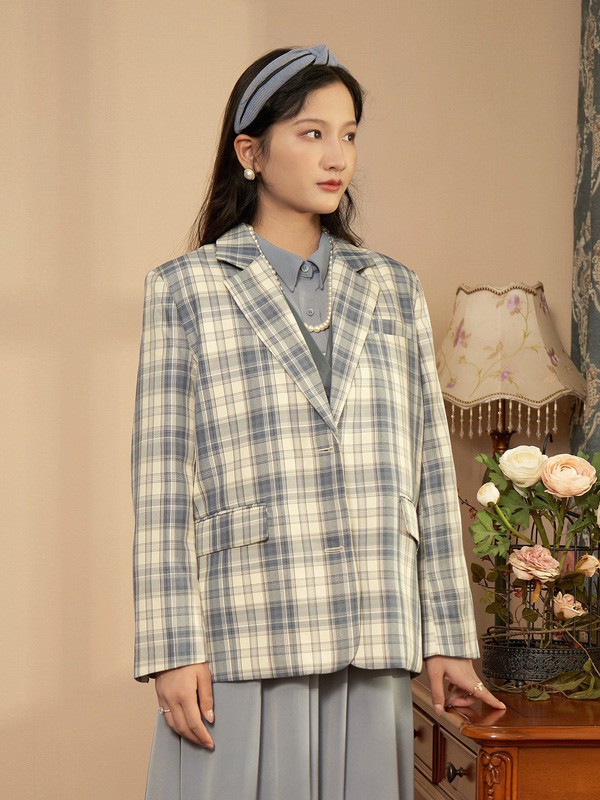 固执女装2020秋冬季蓝色格子外套