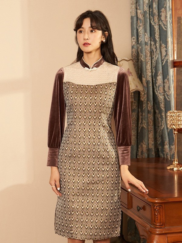 固执女装2020秋冬季咖啡色拼接连衣裙