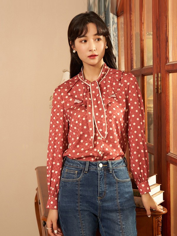 固执女装2020秋冬季红色波点衬衫