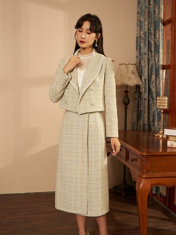 固执女装2020秋冬季绿色格子外套