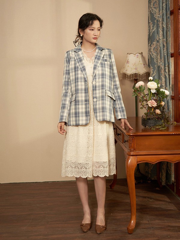 固执女装2020秋冬季蓝色格子外套