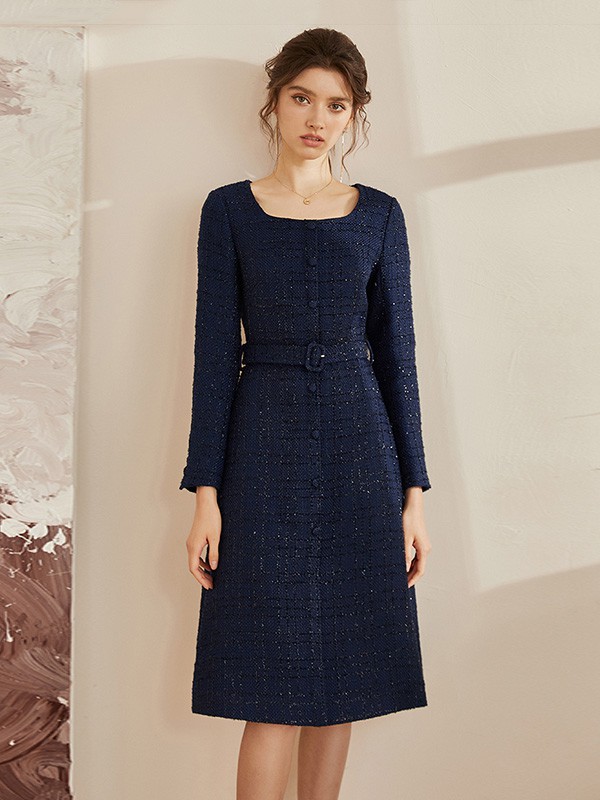 罗衣女装2020秋冬季蓝色收腰连衣裙