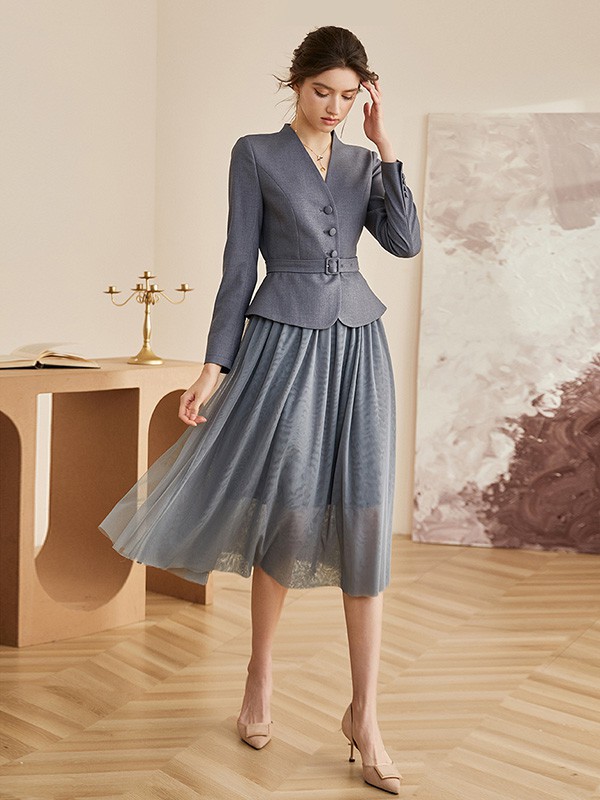 罗衣女装2020秋冬季藏蓝色纱网百褶裙