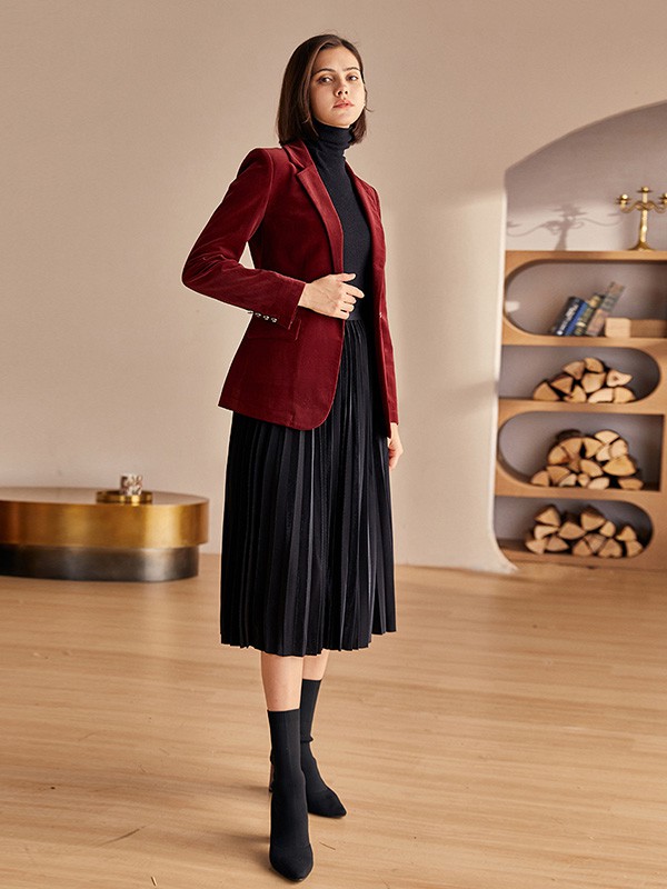 罗衣女装2020秋冬季酒红色修身西装