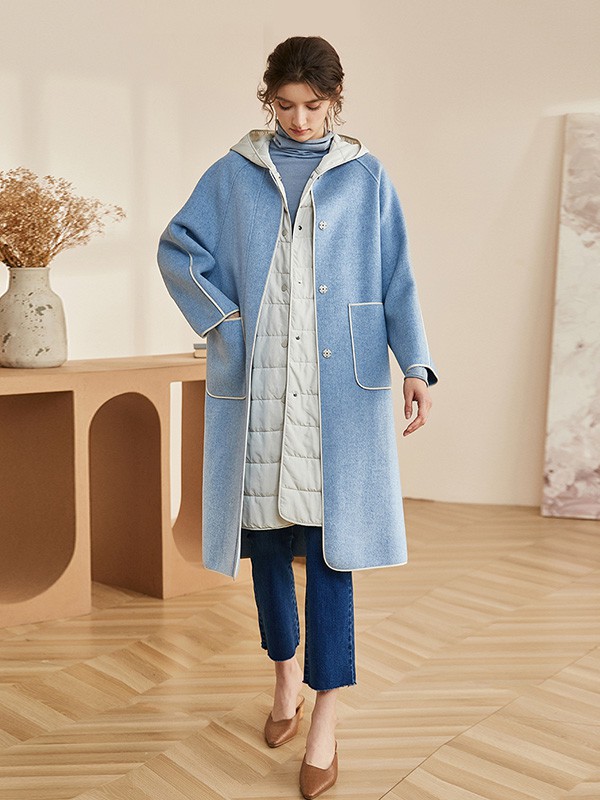 罗衣女装2020秋冬季蓝色长款外套