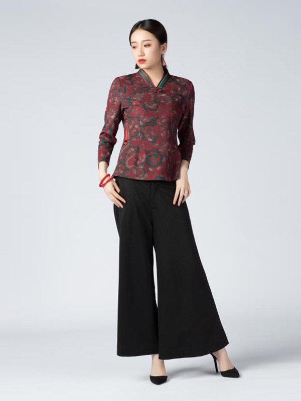 素罗依2020秋冬季红色印花上衣