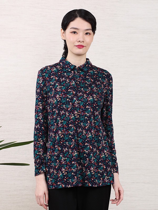 葵牌2020秋冬季墨绿色印花上衣