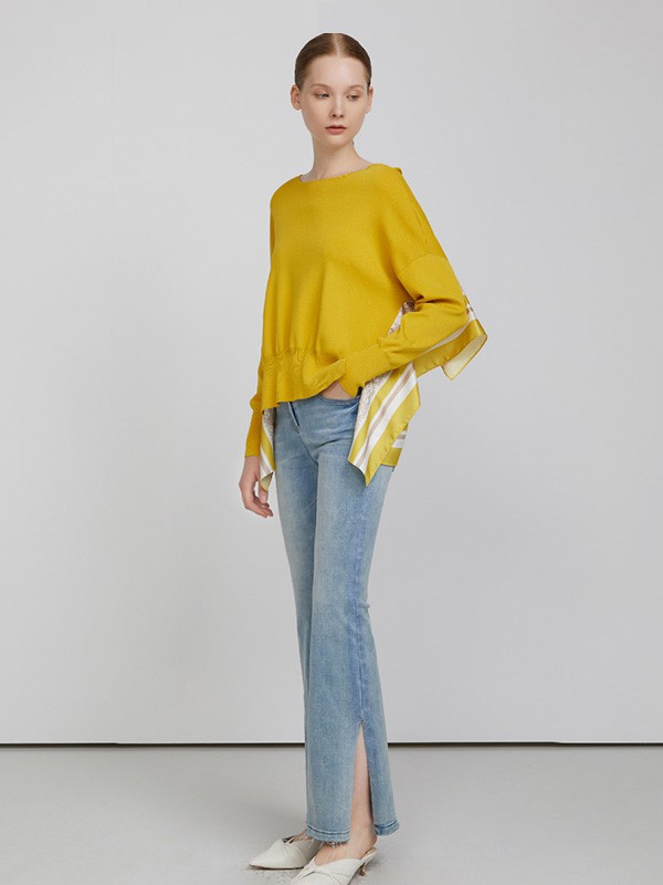 卡洛琳2020秋冬季黄色拼接上衣